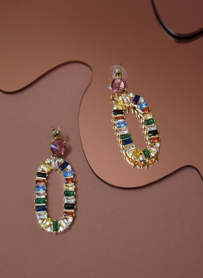 SNGIA Huggie Earrings, Gold Plated, Red, Pink, Sparkly Rhinestone Rectangle Dangle Earrings, Geometric Drop, Multi Color, Gemstone, Chunky Hoop, Dangling, Rhinstone, Women - Image 3